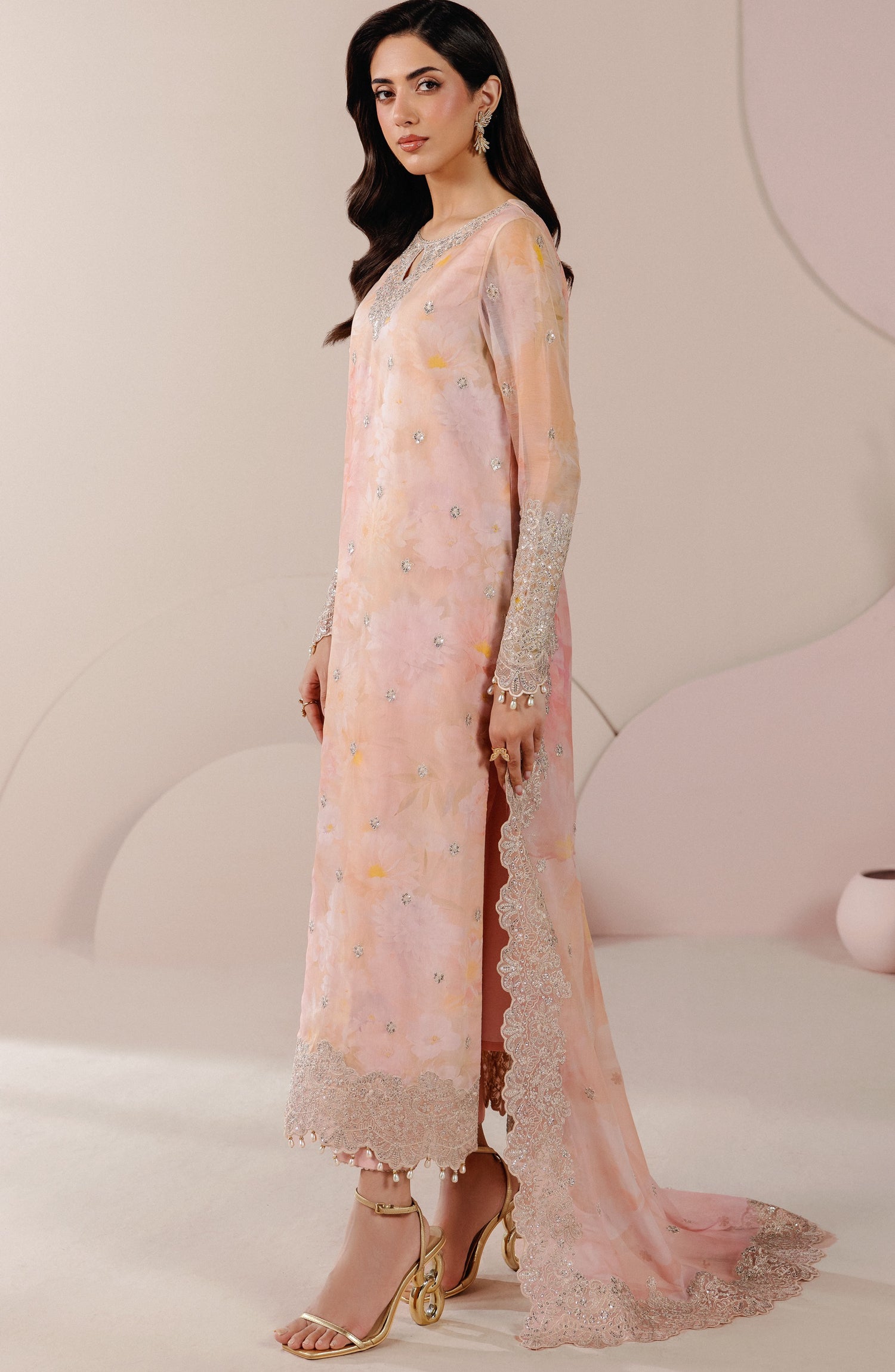 Roselle by Zarif Embroidered Chiffon Unstitched 3 Piece Suit - 02 Flore - ZRF26RS - Peach - Formals Collection