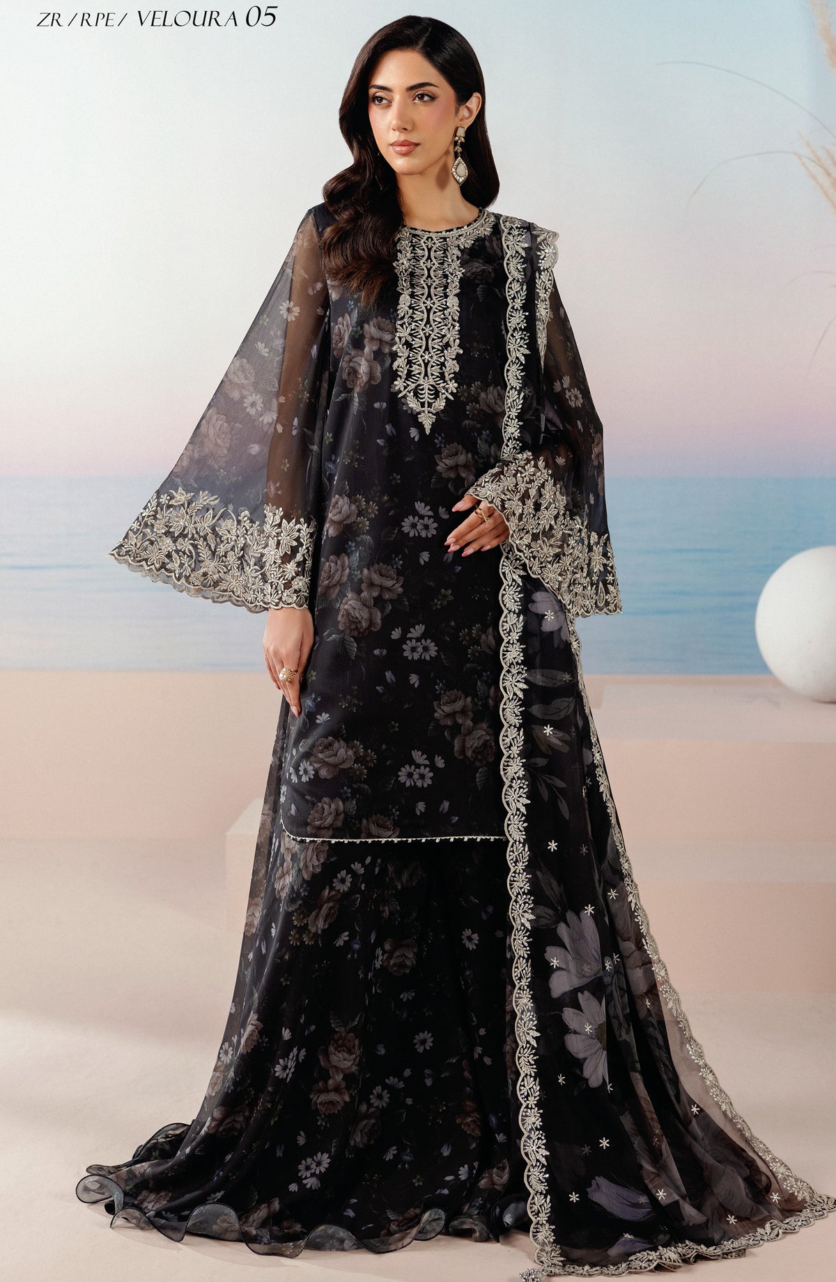 Roselle by Zarif Embroidered Chiffon Unstitched 3 Piece Suit - 05 Veloria - ZRF26RS - Black - Formals Collection