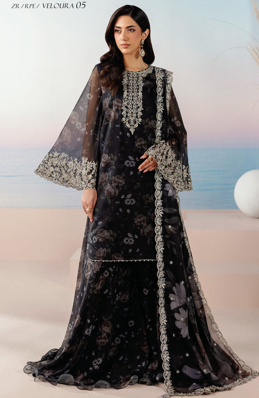 Roselle by Zarif Embroidered Chiffon Unstitched 3 Piece Suit - 05 Veloria - ZRF26RS - Black - Formals Collection