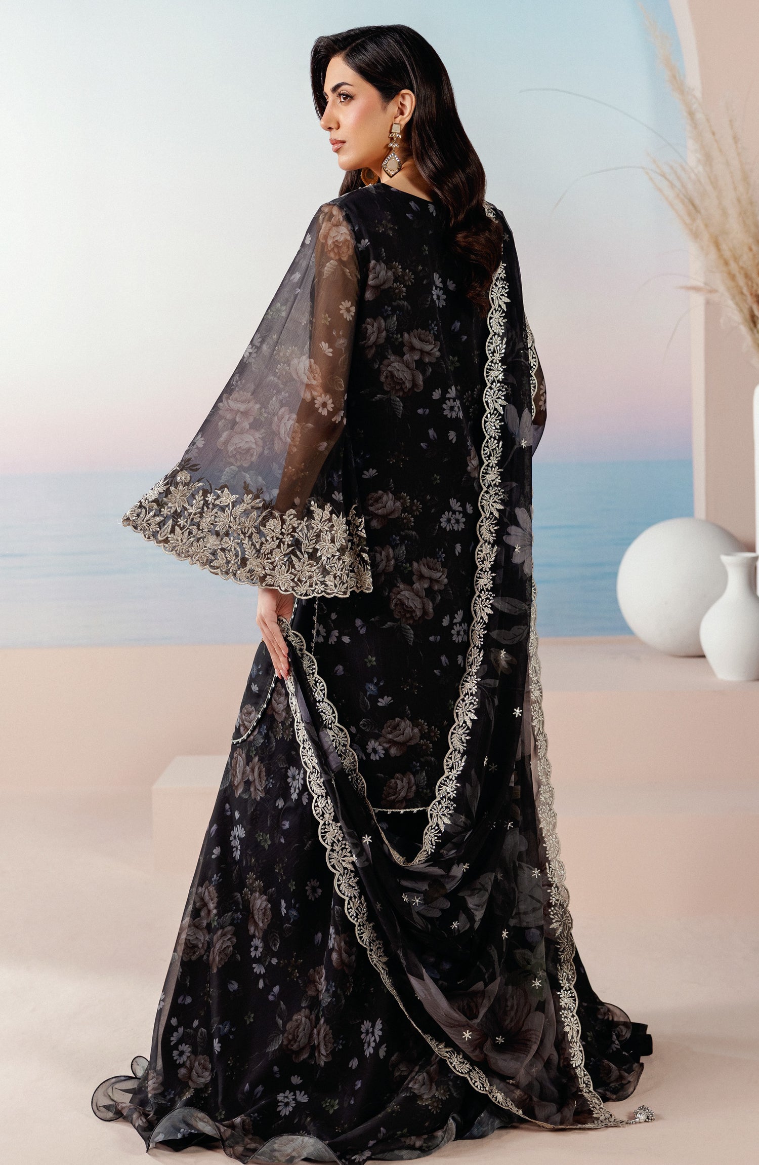 Roselle by Zarif Embroidered Chiffon Unstitched 3 Piece Suit - 05 Veloria - ZRF26RS - Black - Formals Collection