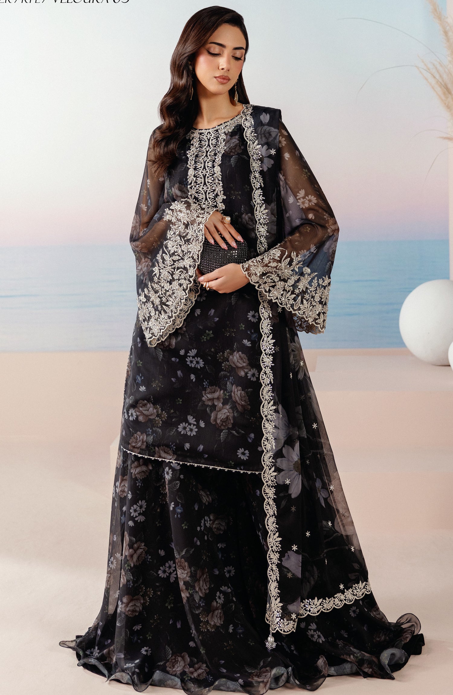 Roselle by Zarif Embroidered Chiffon Unstitched 3 Piece Suit - 05 Veloria - ZRF26RS - Black - Formals Collection
