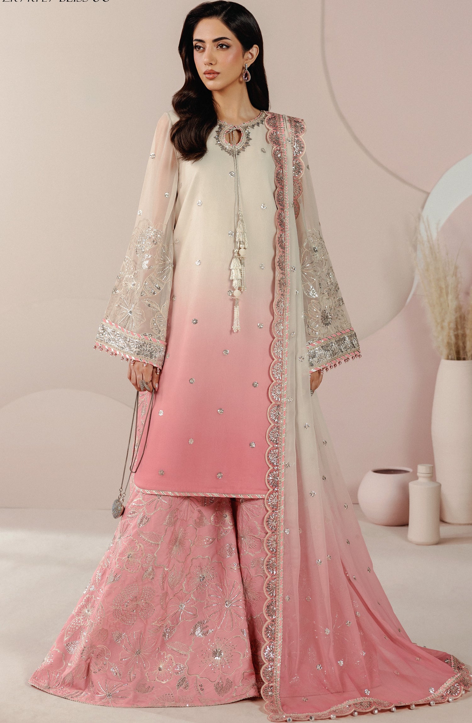Roselle by Zarif Embroidered Chiffon Unstitched 3 Piece Suit - 06 Bliss - ZRF26RS - Pink - Formals Collection