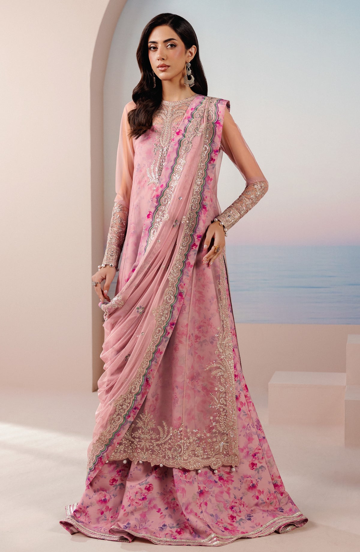 Roselle by Zarif Embroidered Net Unstitched 3 Piece Suit - 08 Twirl - ZRF26RS - Pink - Formals Collection