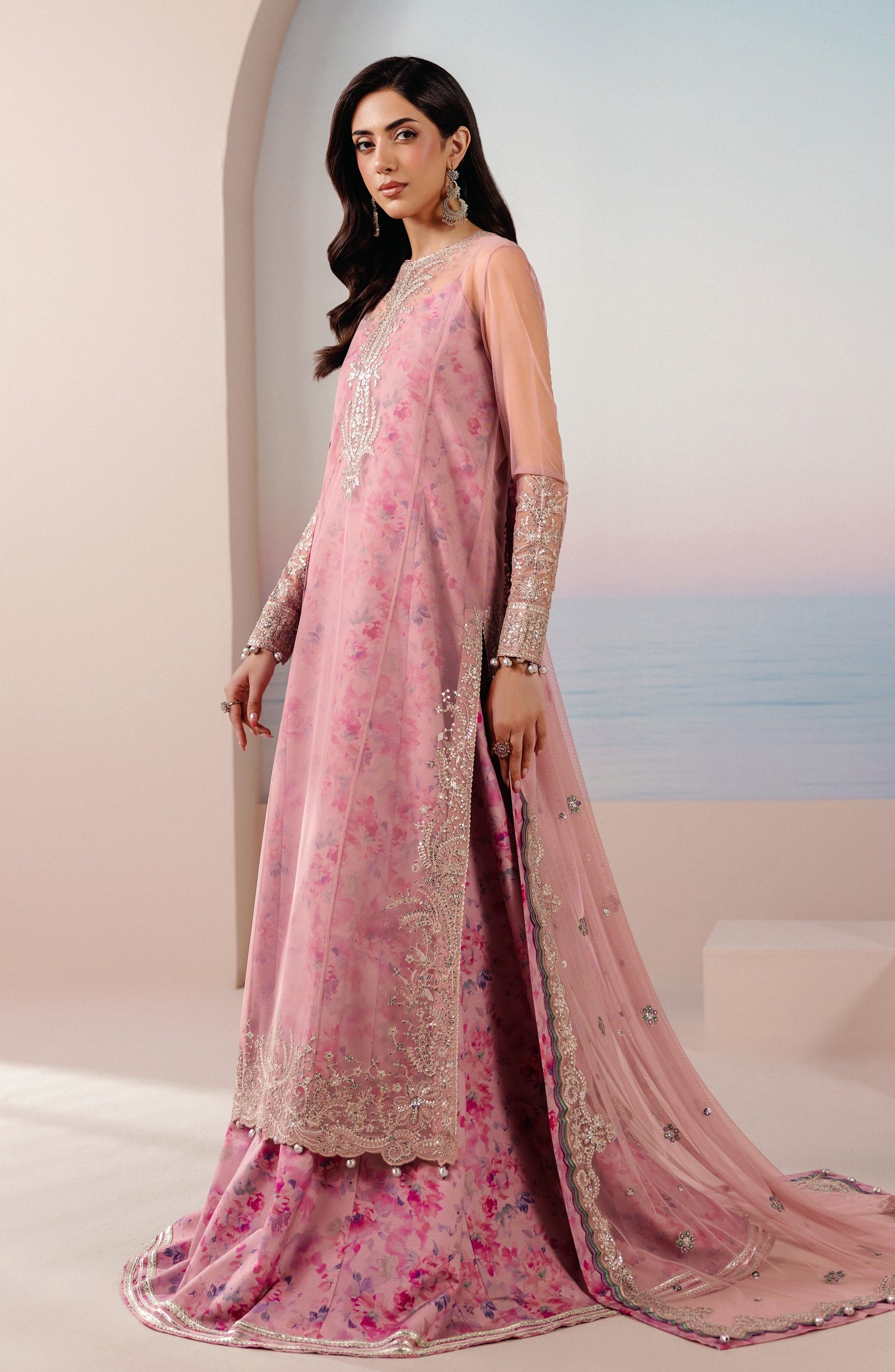 Roselle by Zarif Embroidered Net Unstitched 3 Piece Suit - 08 Twirl - ZRF26RS - Pink - Formals Collection