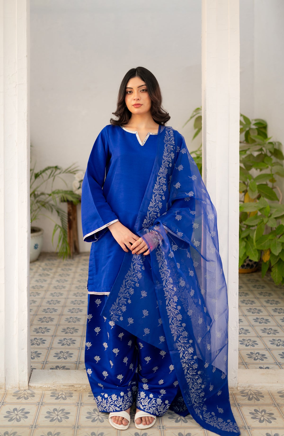 Royal Blue Farshi Shalwar Suit Printed Rawsilk Stitched 3 Piece Suit - ZAU-RBFSS - ZK26ED - Eid Collection