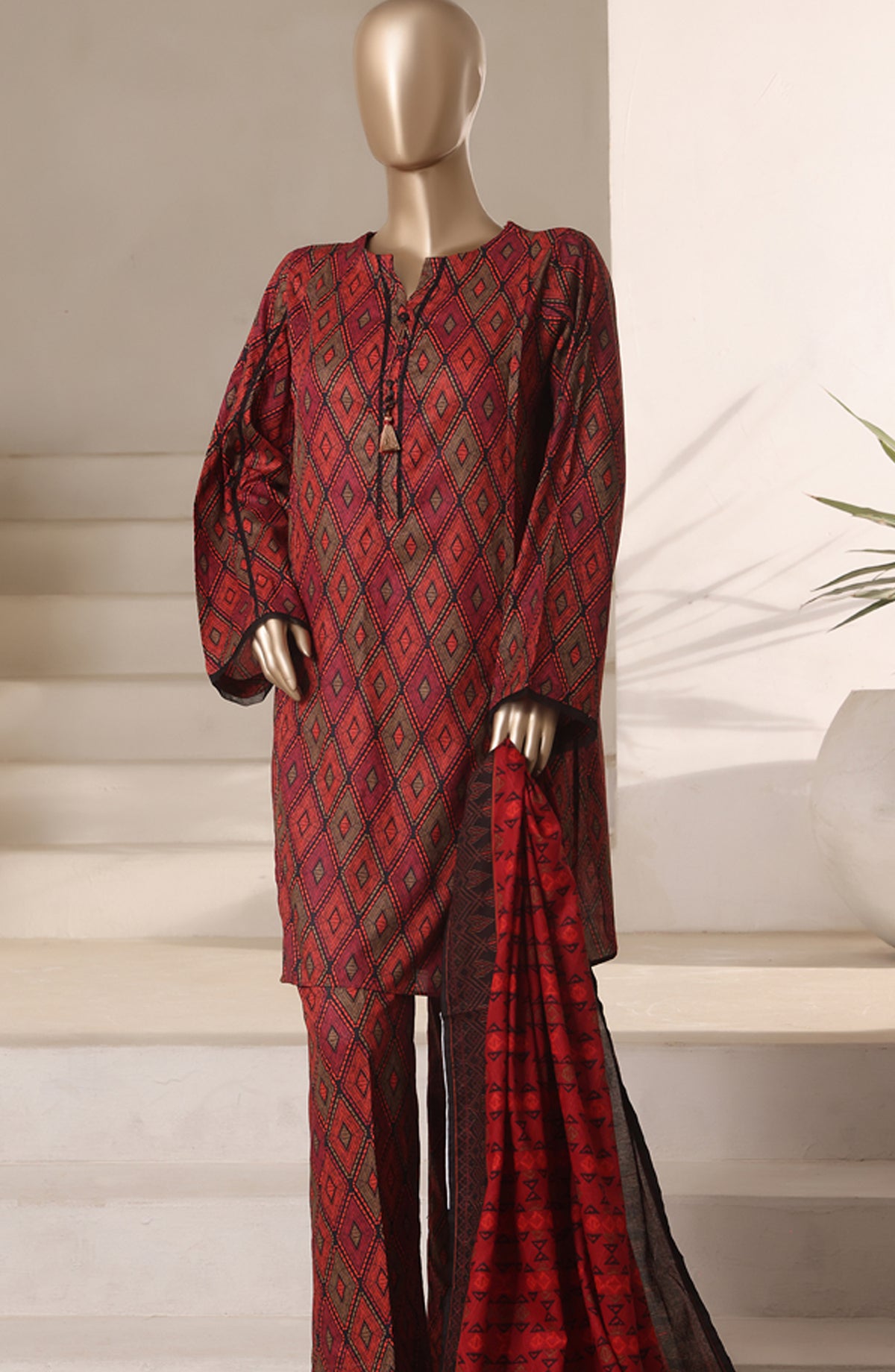 Rozaana Prints by HZ Textile Printed Cambric Stitched 3 Piece Suit - CAP-3P-802 Black Rust - HZ25RZN - Casual Collection