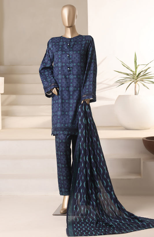 Rozaana Prints by HZ Textile Printed Cambric Stitched 3 Piece Suit - CAP-3P-804 Navy Check - HZ25RZN - Casual Collection