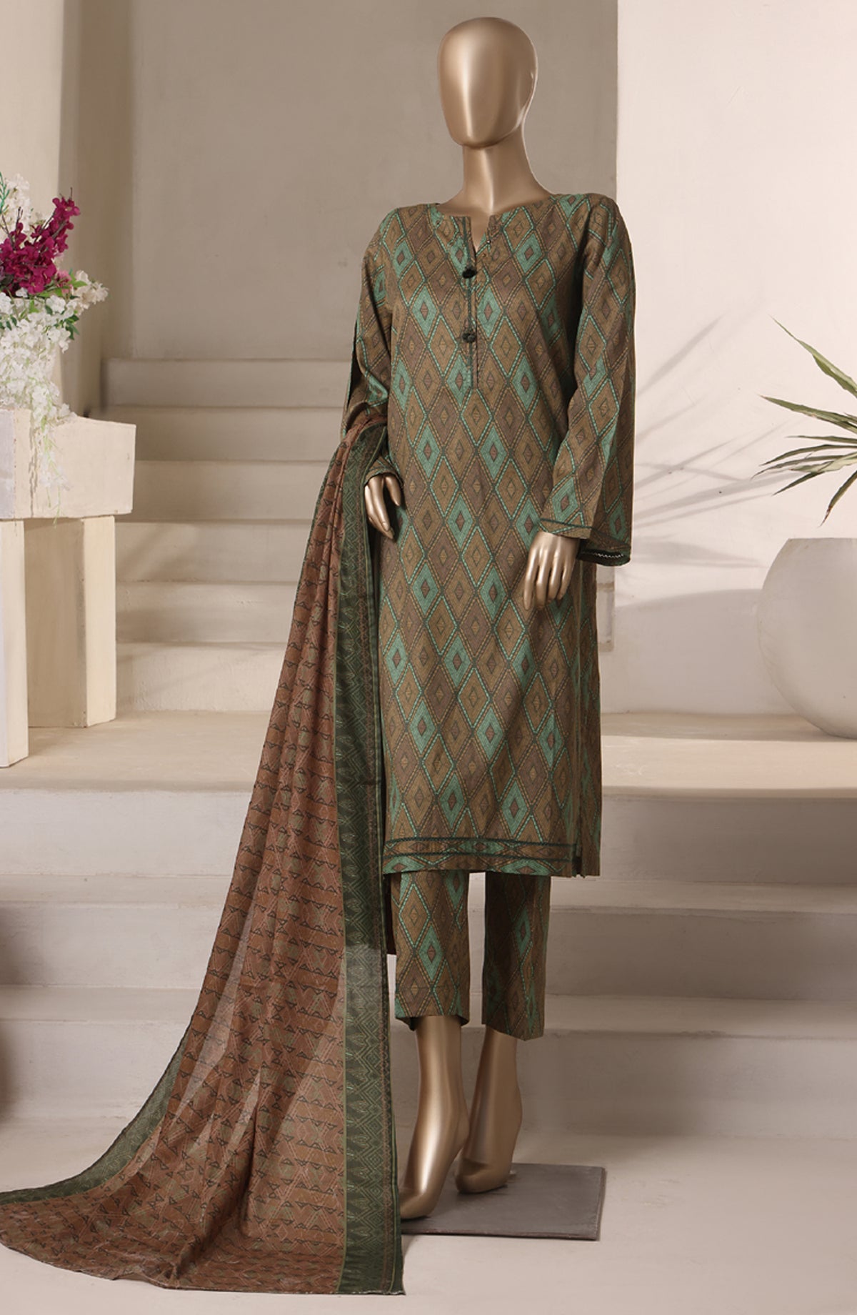 Rozaana Prints by HZ Textile Printed Cambric Stitched 3 Piece Suit - CAP-3P-801 Olive Green - HZ25RZN - Casual Collection