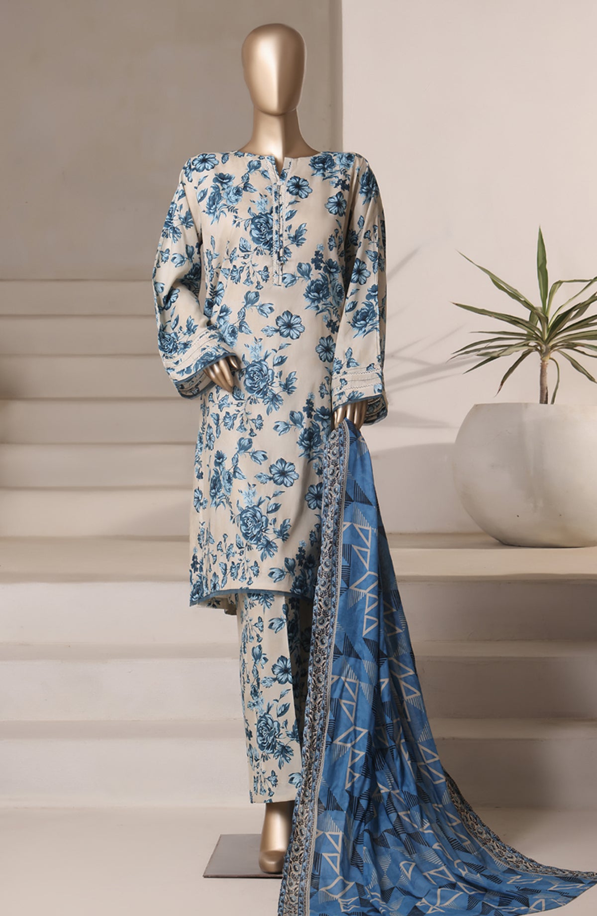 Rozaana Prints by HZ Textile Printed Cambric Stitched 3 Piece Suit - CAP-3P-806 Cream Blue - HZ25RZN - Casual Collection