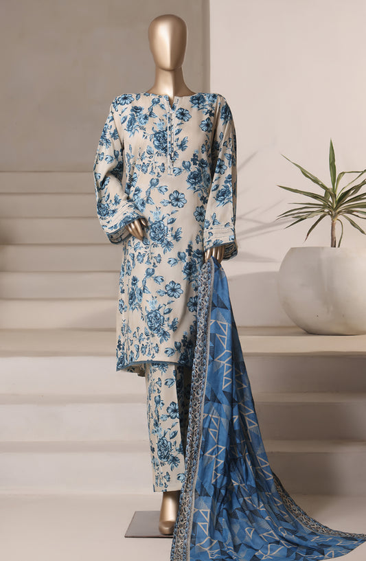 Rozaana Prints by HZ Textile Printed Cambric Stitched 3 Piece Suit - CAP-3P-806 Cream Blue - HZ25RZN - Casual Collection