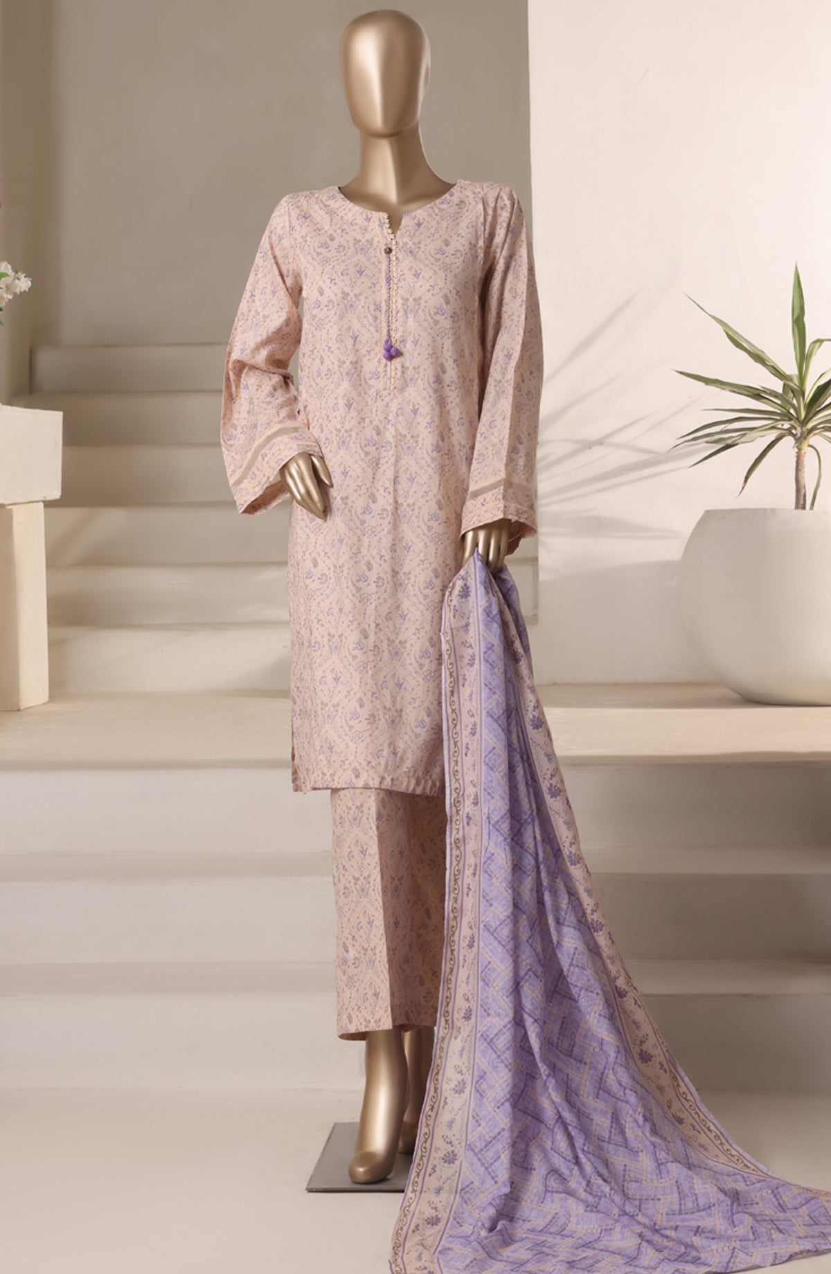 Rozaana Prints by HZ Textile Printed Cambric Stitched 3 Piece Suit - CAP-3P-808 Crunch Beige - HZ25RZN - Casual Collection