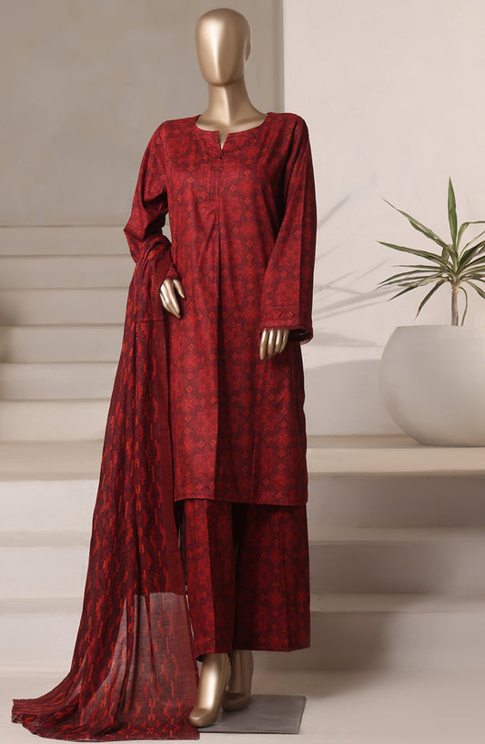 Rozaana Prints by HZ Textile Printed Cambric Stitched 3 Piece Suit - CAP-3P-803 Maroon Check - HZ25RZN - Casual Collection