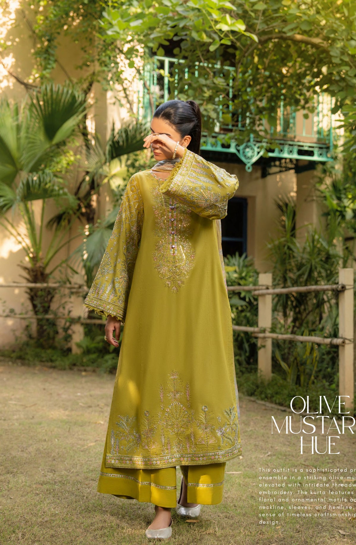 Rua by Casual Lite Embroidered Premium Linen Stitched 3 Piece Suit - D-01 Olive Mustard Hue - CL25RU - Dhani - Winter Collection