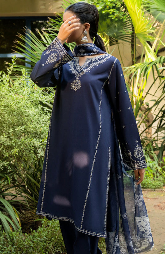Rua by Casual Lite Embroidered Premium Linen Stitched 3 Piece Suit - D-06 Indigo Echo - CL25RU - Blue - Winter Collection