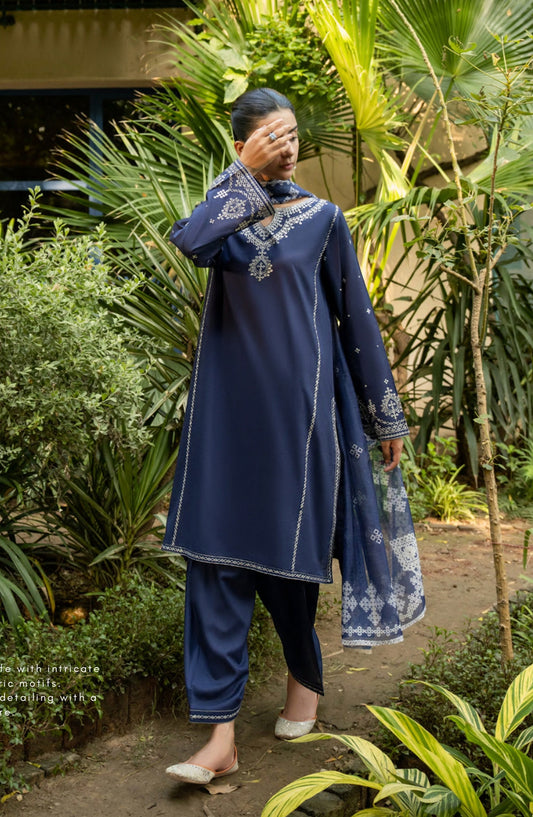 Rua by Casual Lite Embroidered Premium Linen Stitched 3 Piece Suit - D-06 Indigo Echo - CL25RU - Blue - Winter Collection