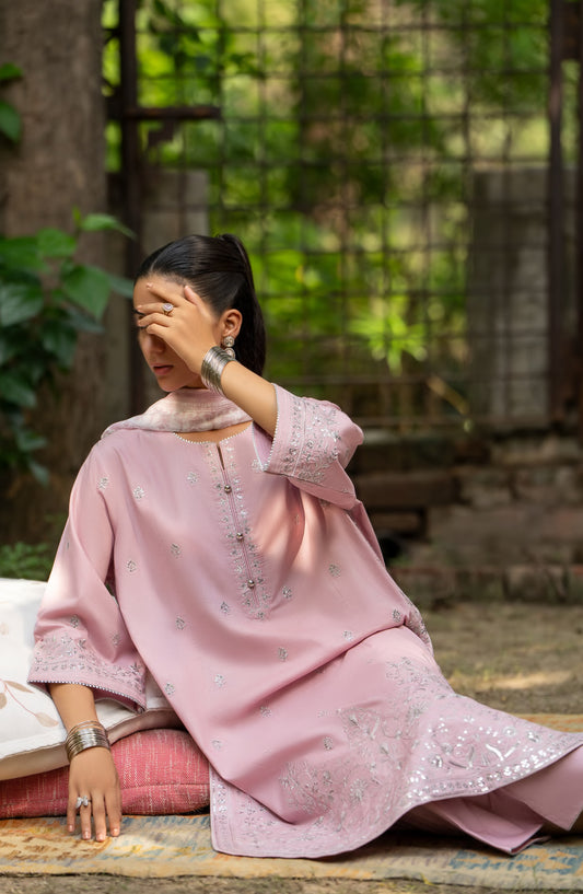 Rua by Casual Lite Embroidered Premium Linen Stitched 3 Piece Suit - D-05 Blush Poem - CL25RU - Pink - Winter Collection