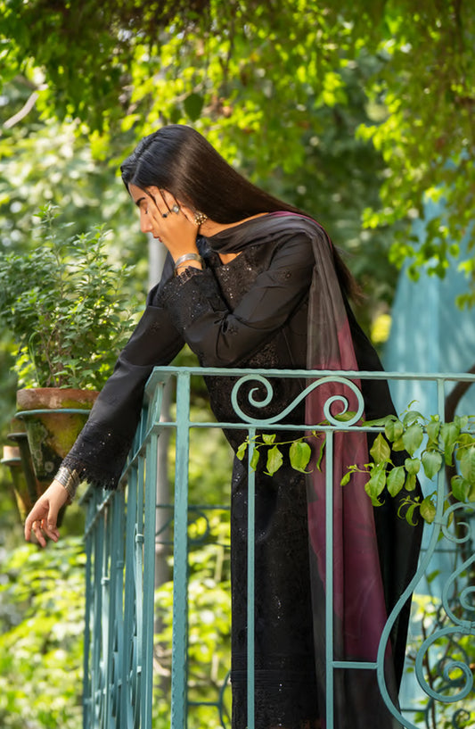 Rua by Casual Lite Embroidered Premium Linen Stitched 3 Piece Suit - D-03 Shadow Bloom - CL25RU - Black - Winter Collection