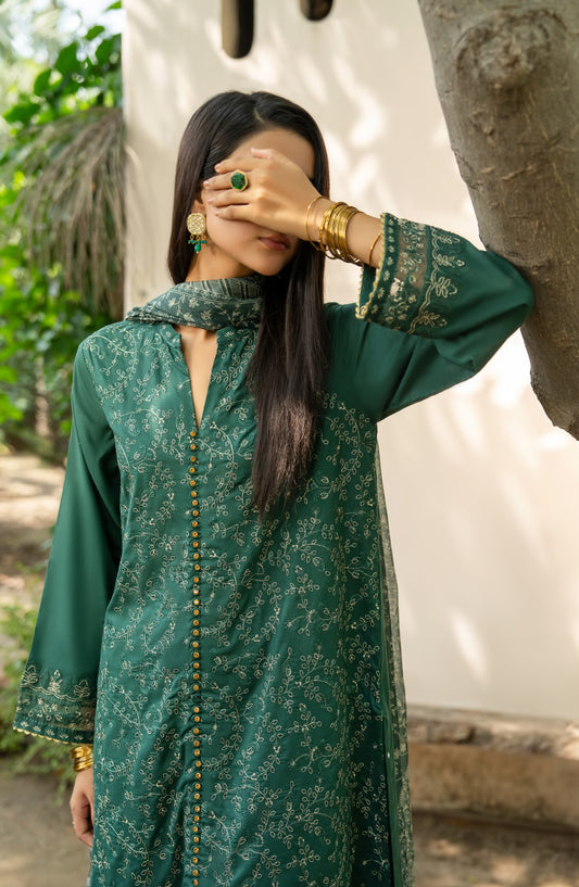 Rua by Casual Lite Embroidered Premium Linen Stitched 3 Piece Suit - D-04 Emerald Verse - CL25RU - Green - Winter Collection