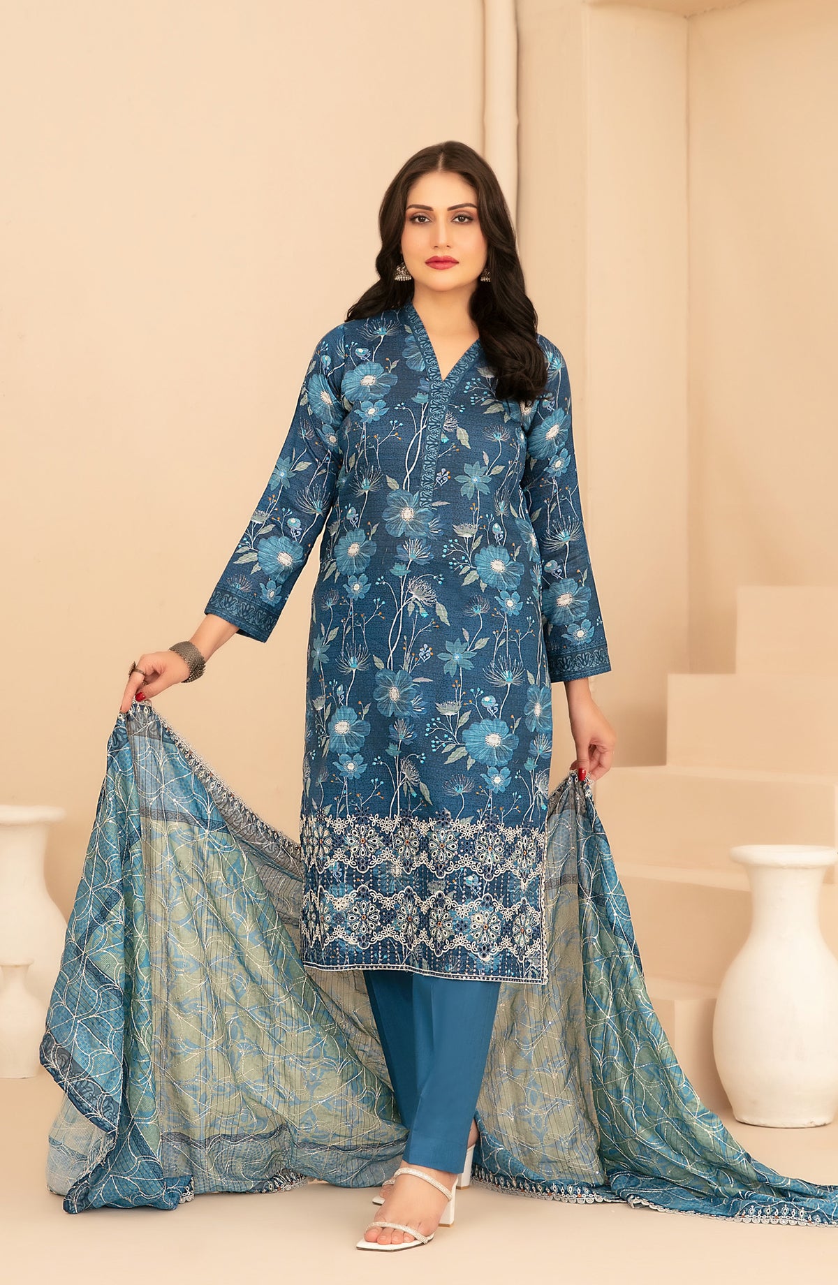 Rumeha by Tawakkal Fabrics Embroidered Lawn Unstitched 3 Piece Suit - D-5040 - TF26RUM - Blue - Summer Collection