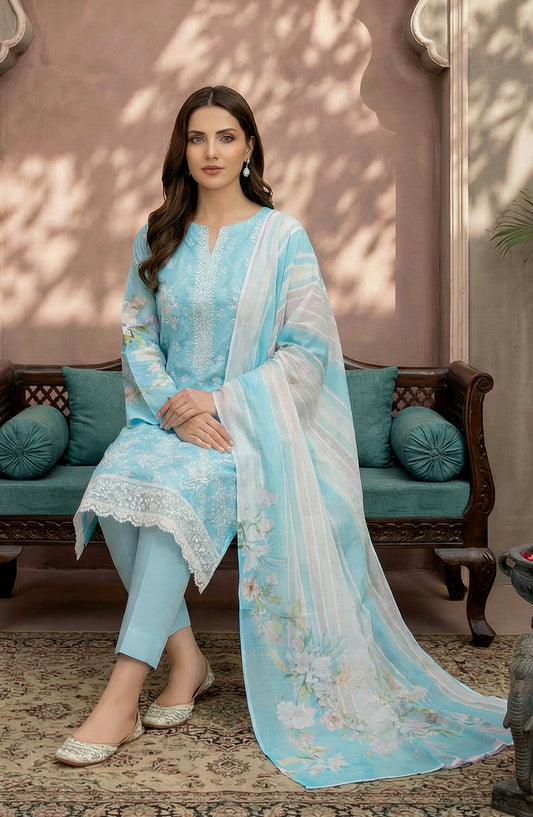 Rupas by Riaz Arts Embroidered Lawn Unstitched 3 Piece Suit - D-08 - RA26RUP - Blue - Summer Collection