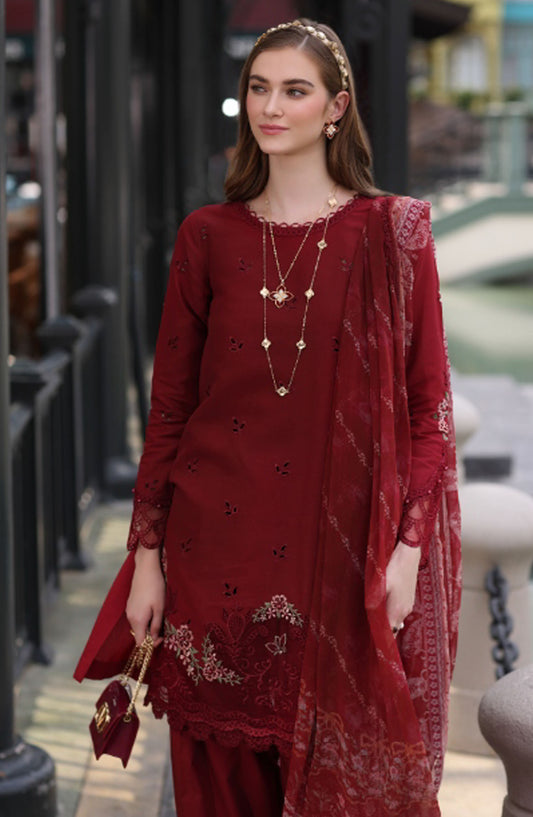 Noor by Saadia Asad Embroidered Lawn Chikankari Unstitched 3 Piece Suit - SA25ELC - D1 - Red - Festive Collection