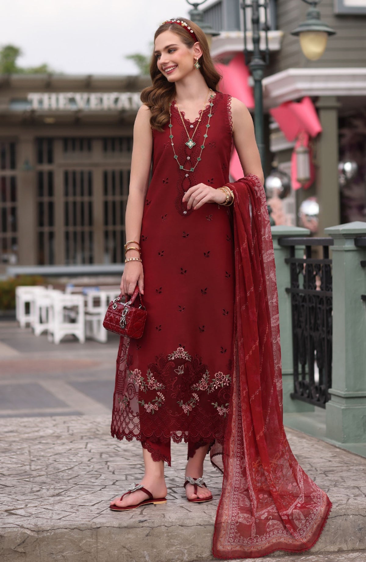 Noor by Saadia Asad Embroidered Lawn Chikankari Unstitched 3 Piece Suit - SA25ELC - D1 - Red - Festive Collection