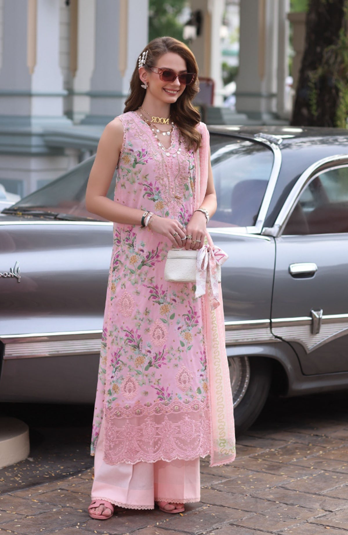 Noor by Saadia Asad Embroidered Lawn Chikankari Unstitched 3 Piece Suit - SA25ELC - D11 - Pink - Festive Collection