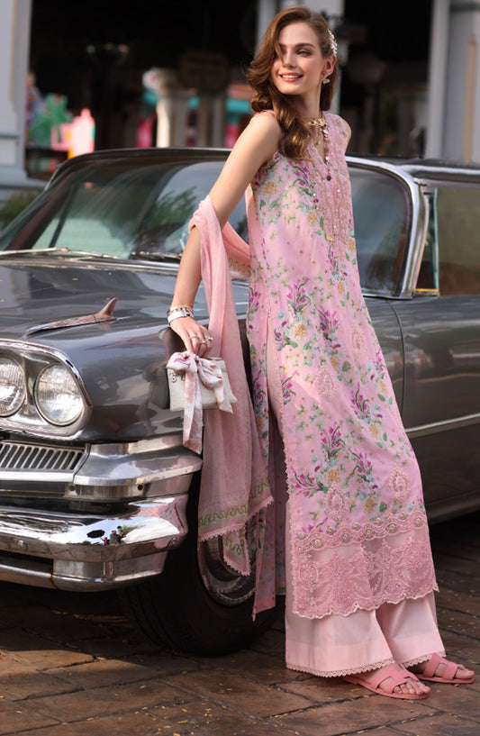 Noor by Saadia Asad Embroidered Lawn Chikankari Unstitched 3 Piece Suit - SA25ELC - D11 - Pink - Festive Collection