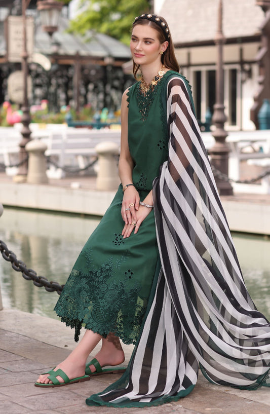 Noor by Saadia Asad Embroidered Lawn Chikankari Unstitched 3 Piece Suit - SA25ELC - D12 - Green - Festive Collection