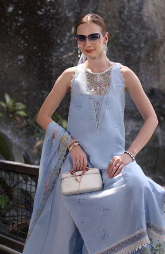 Noor by Saadia Asad Embroidered Lawn Chikankari Unstitched 3 Piece Suit - SA25ELC - D2 - Blue - Festive Collection