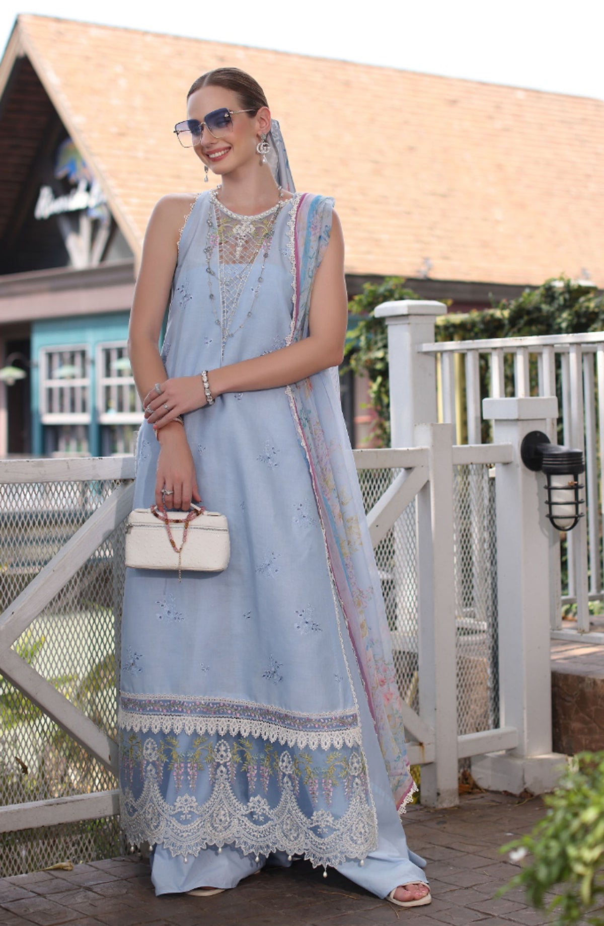 Noor by Saadia Asad Embroidered Lawn Chikankari Unstitched 3 Piece Suit - SA25ELC - D2 - Blue - Festive Collection