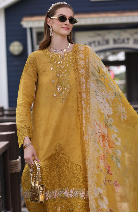 Noor by Saadia Asad Embroidered Lawn Chikankari Unstitched 3 Piece Suit - SA25ELC - D3 - Yellow - Festive Collection