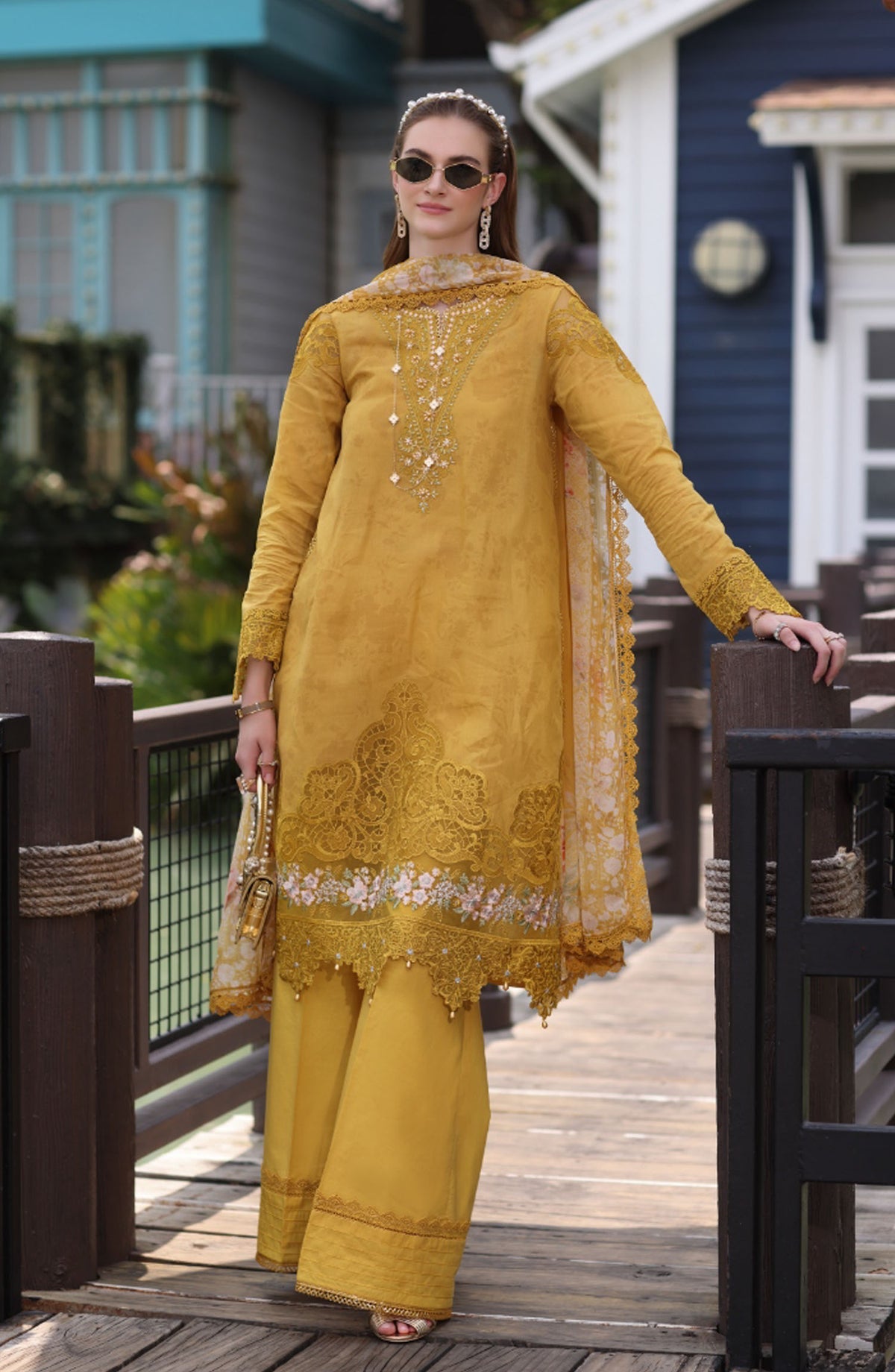 Noor by Saadia Asad Embroidered Lawn Chikankari Unstitched 3 Piece Suit - SA25ELC - D3 - Yellow - Festive Collection