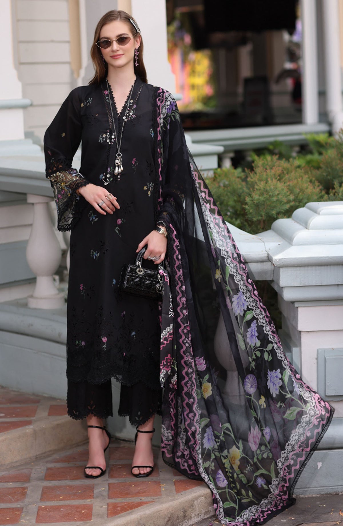 Noor by Saadia Asad Embroidered Lawn Chikankari Unstitched 3 Piece Suit - SA25ELC - D5 - Black - Festive Collection