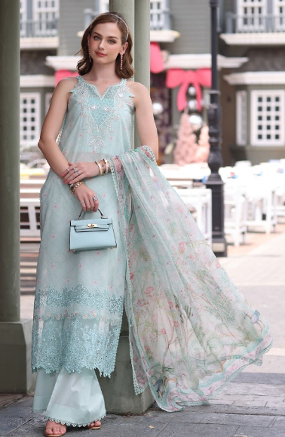 Noor by Saadia Asad Embroidered Lawn Chikankari Unstitched 3 Piece Suit - SA25ELC - D6 - Sky Blue - Festive Collection