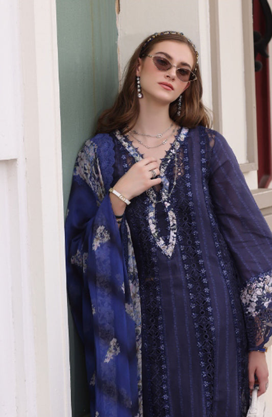 Noor by Saadia Asad Embroidered Lawn Chikankari Unstitched 3 Piece Suit - SA25ELC - D7 - Blue - Festive Collection