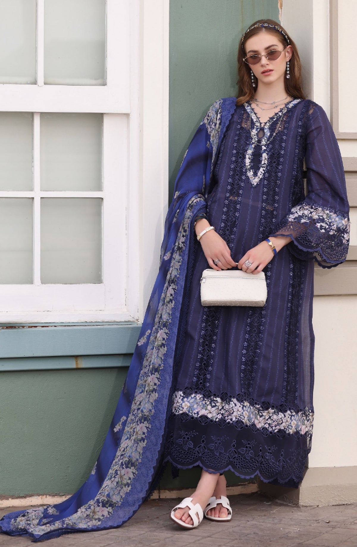 Noor by Saadia Asad Embroidered Lawn Chikankari Unstitched 3 Piece Suit - SA25ELC - D7 - Blue - Festive Collection