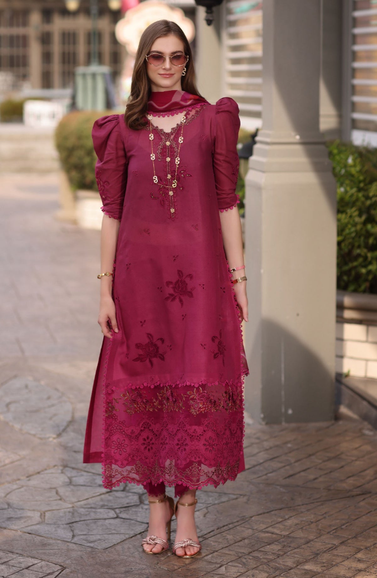 Noor by Saadia Asad Embroidered Lawn Chikankari Unstitched 3 Piece Suit - SA25ELC - D9 - Red - Festive Collection