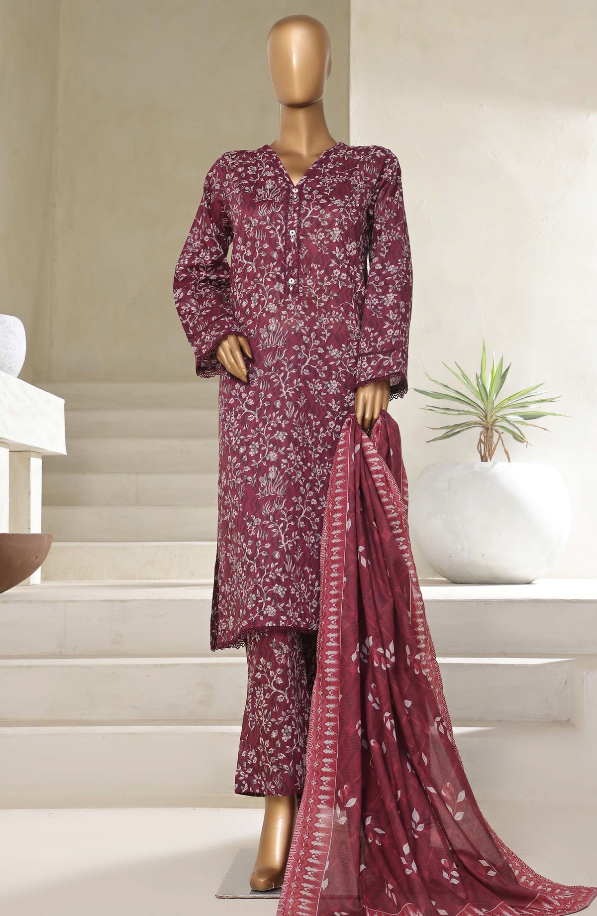 Sadabahar Printed Lawn Pret 3 Piece Suit - SBD25PLV5 - Design-02 - Maroon - Summer Collection