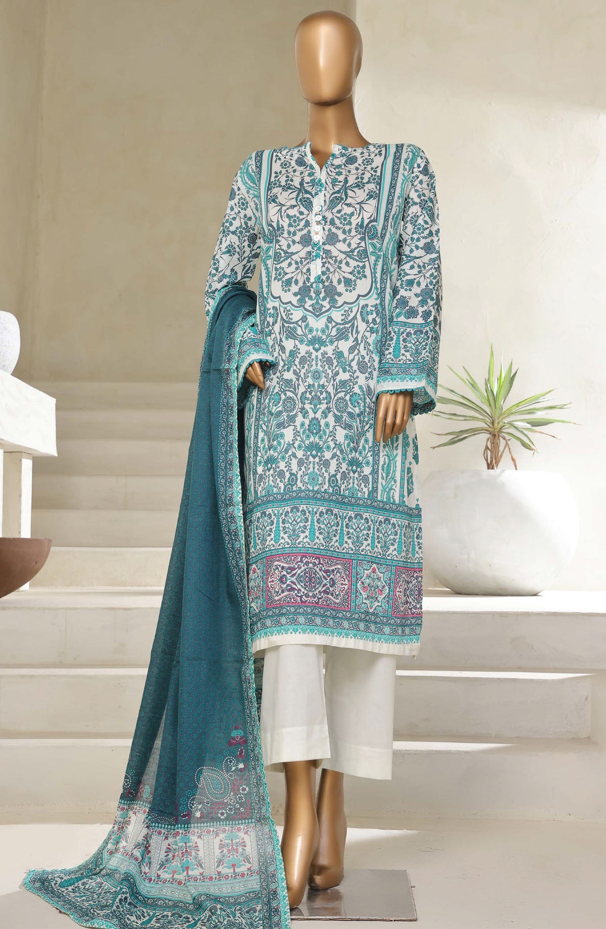 Sadabahar Printed Lawn Pret 3 Piece Suit - SBD25PLV5 - Design-03 - Ferozi - Summer Collection