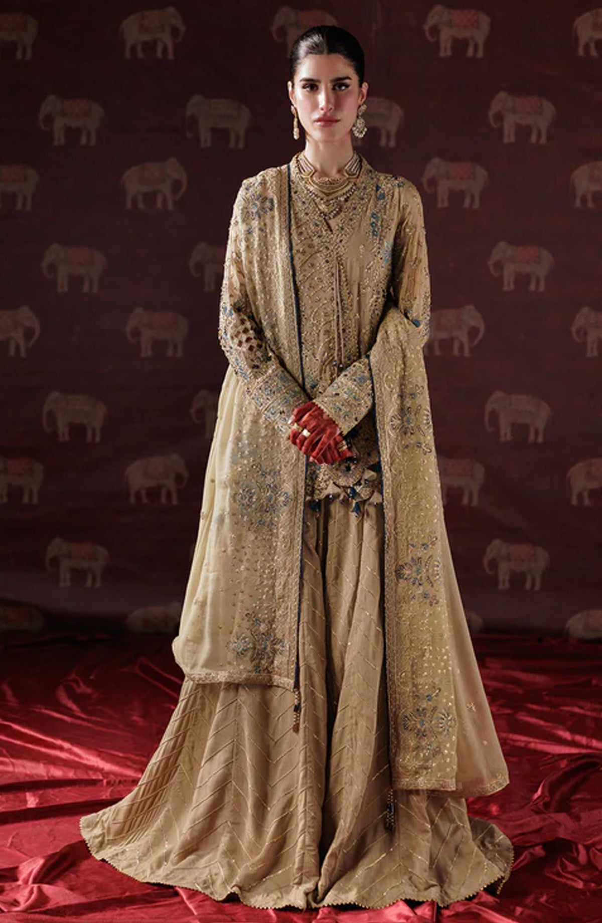 Saad Shaikh x Meeral Panache Luxury Embroidered Chiffon Unstitched 3 Piece Suit - D-05 - SSH25PN - Fawn - Formals Collection