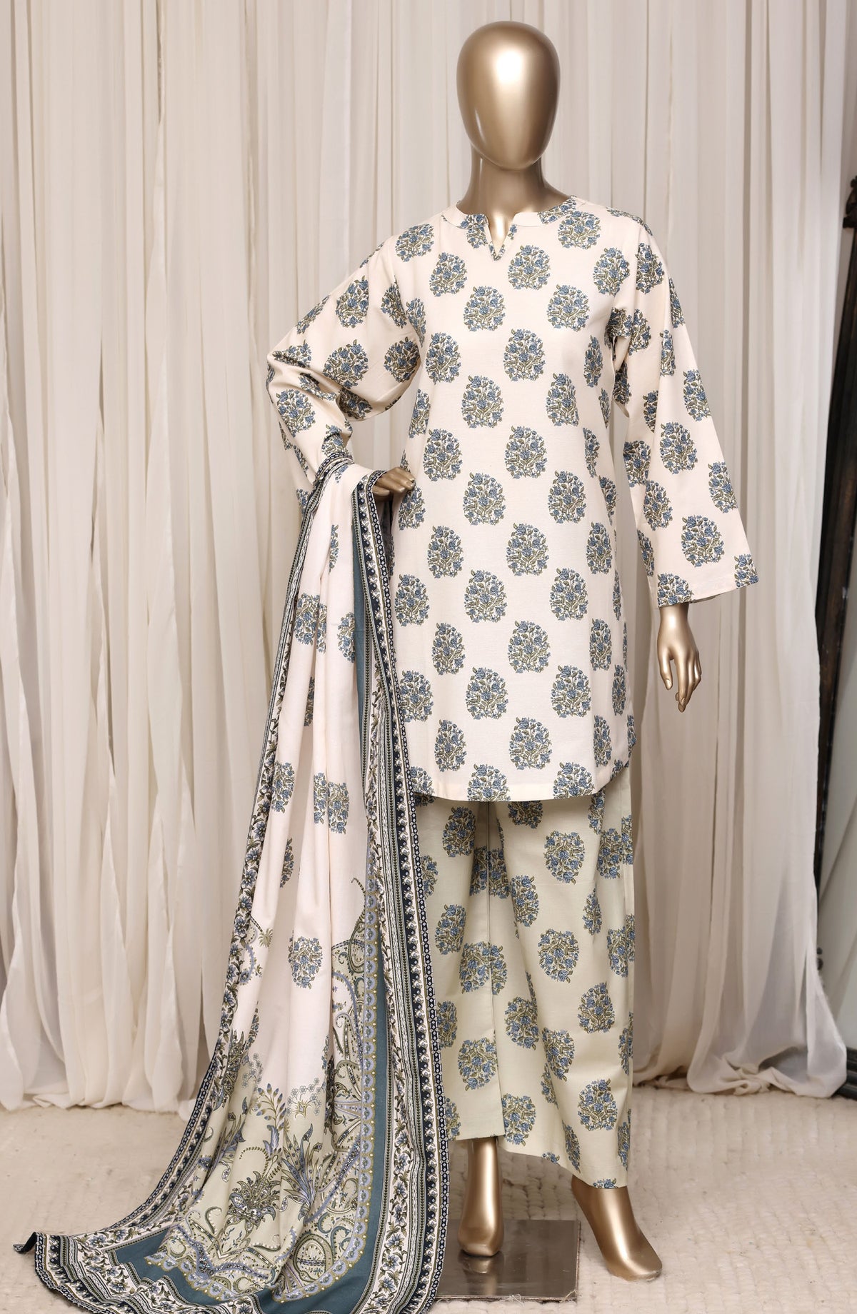 Sadabahar Printed Khaddar Stitched 3 Piece Suit - D-02 - SBD26NF - Off White - Winter Collection