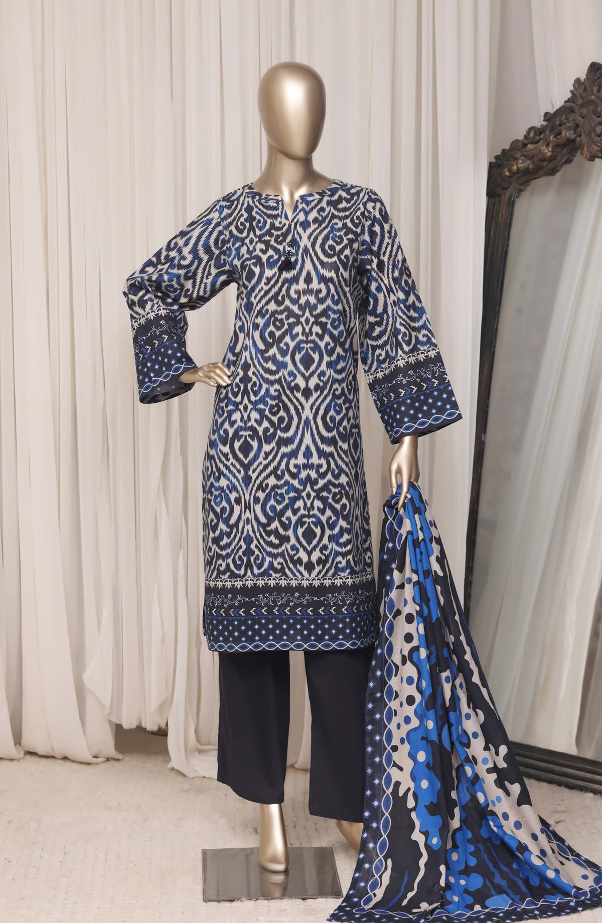 Sadabahar Printed Khaddar Stitched 3 Piece Suit - D-03 - SBD26KFV - Blue - Winter Collection