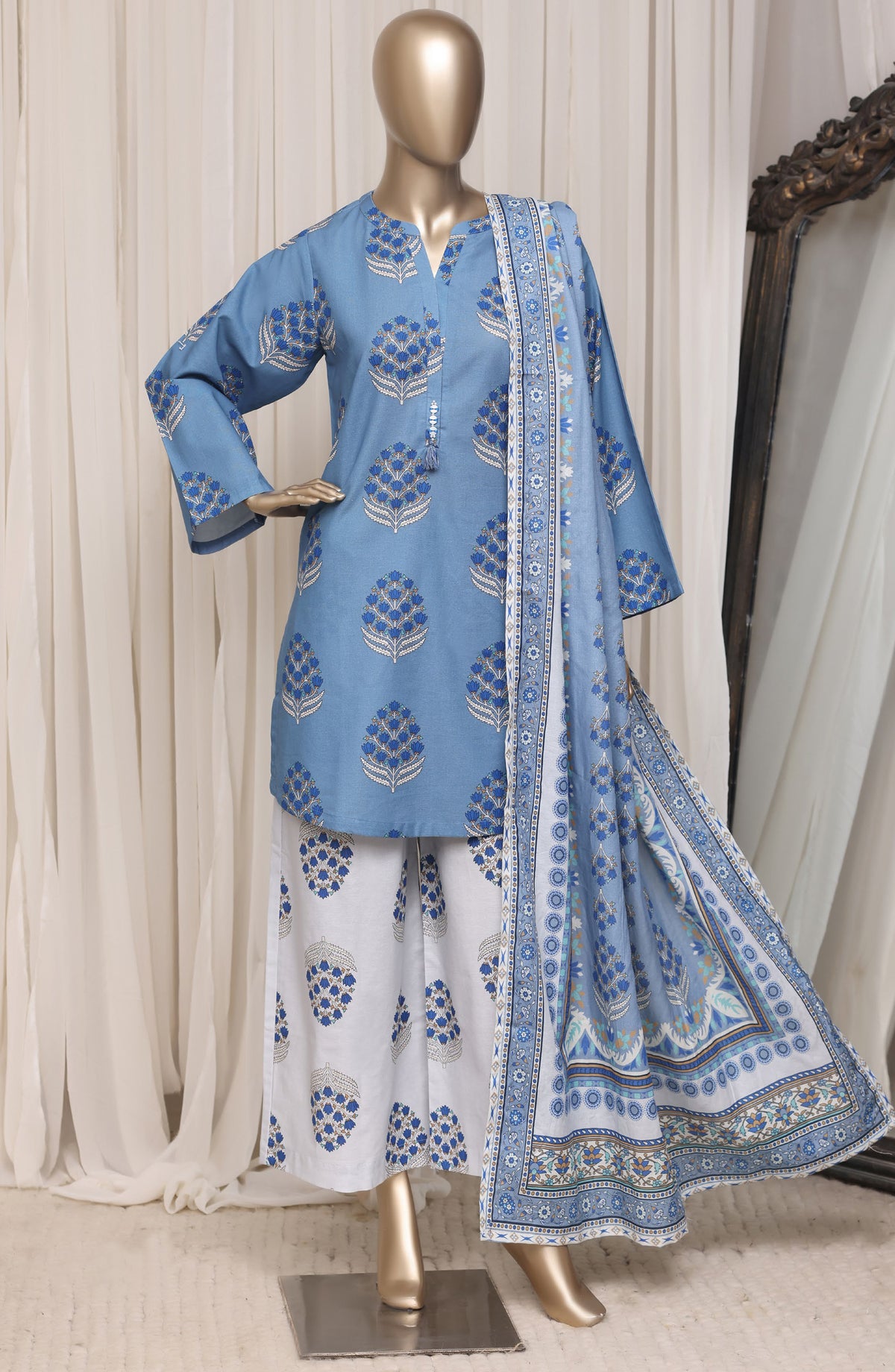 Sadabahar Printed Khaddar Stitched 3 Piece Suit - D-03 - SBD26NF - Blue - Winter Collection