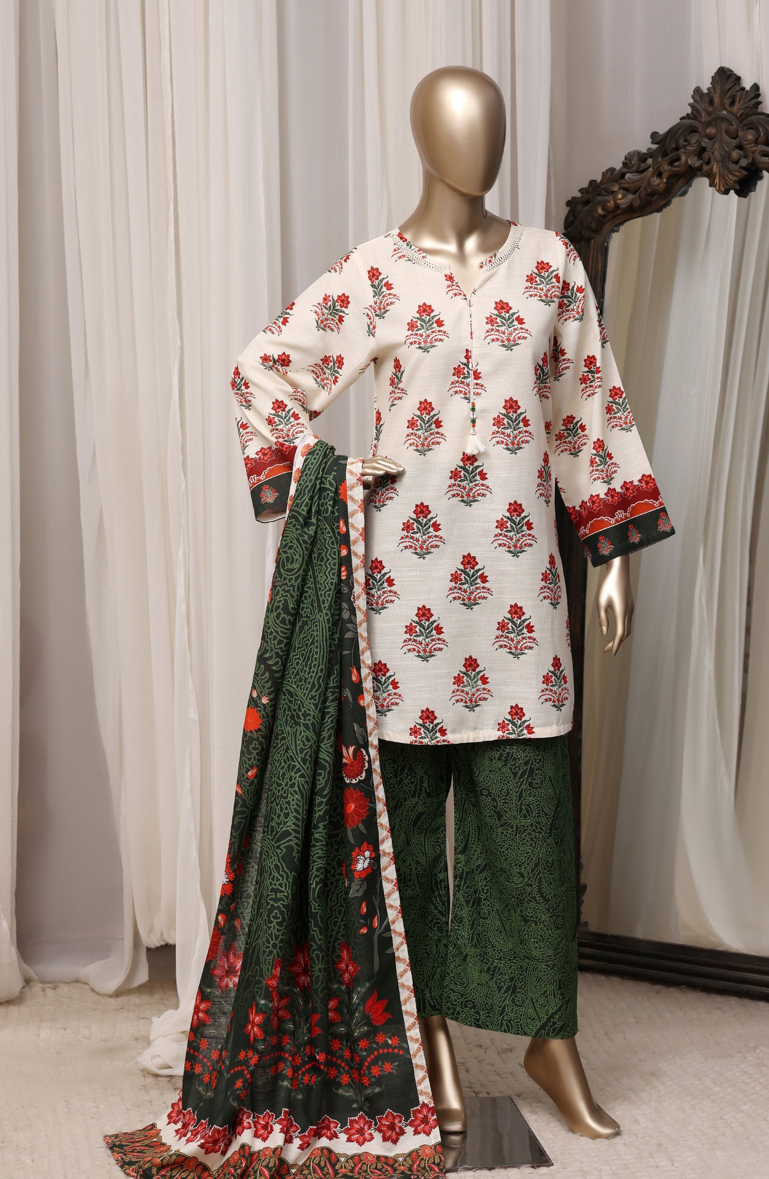 Sadabahar Printed Khaddar Stitched 3 Piece Suit - D-03 - SBD26RPN - White - Winter Collection