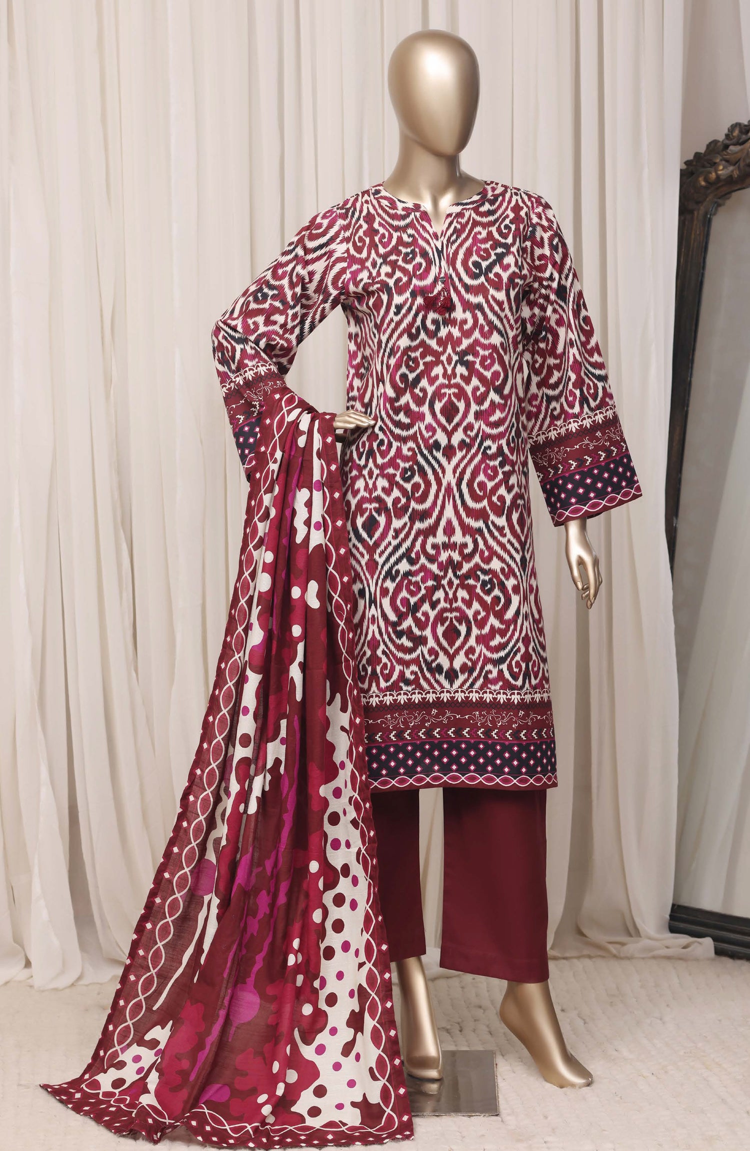 Sadabahar Printed Khaddar Stitched 3 Piece Suit - D-04 - SBD26KFV - Red - Winter Collection