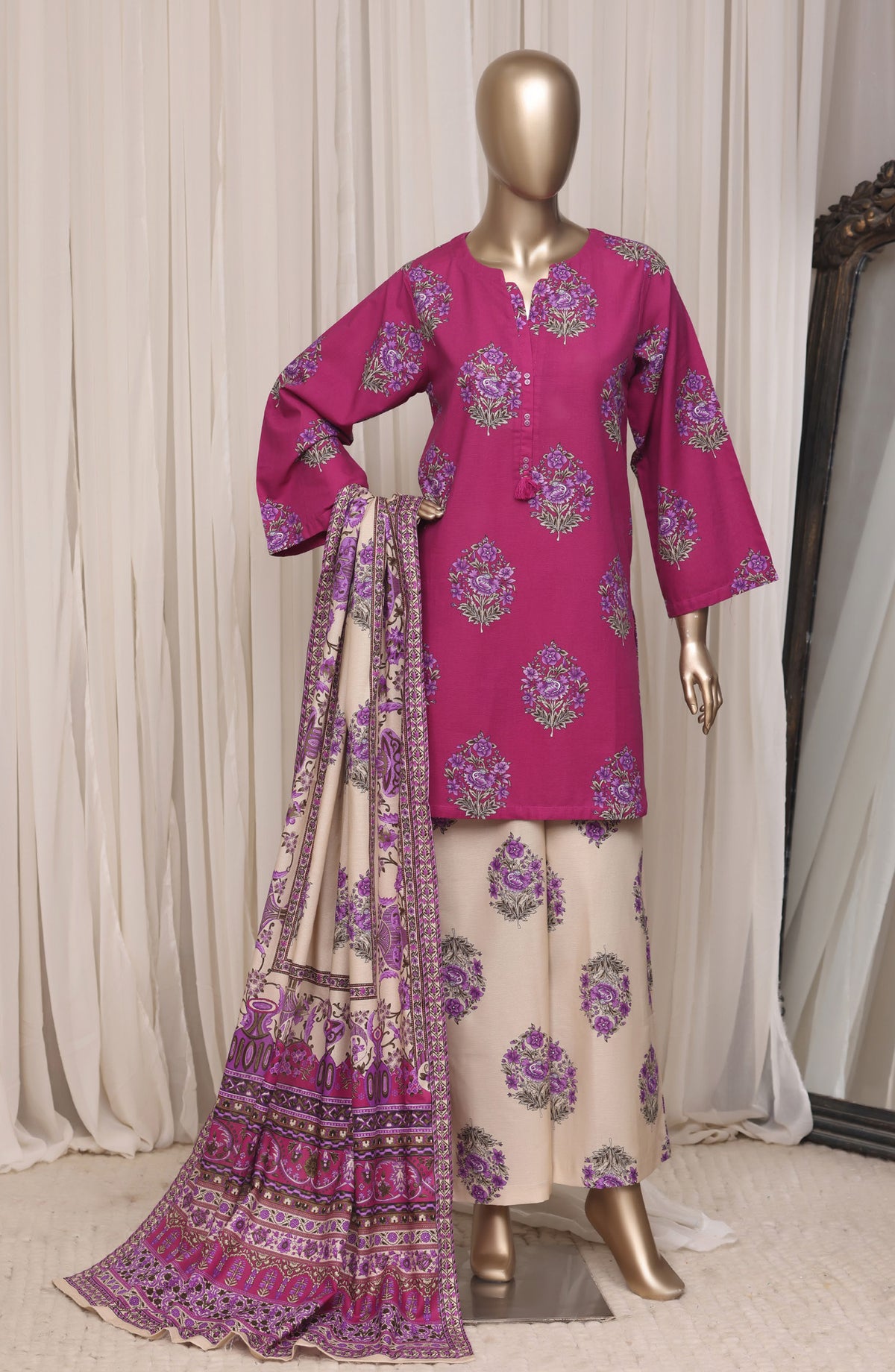 Sadabahar Printed Khaddar Stitched 3 Piece Suit - D-04 - SBD26NF - Pink - Winter Collection
