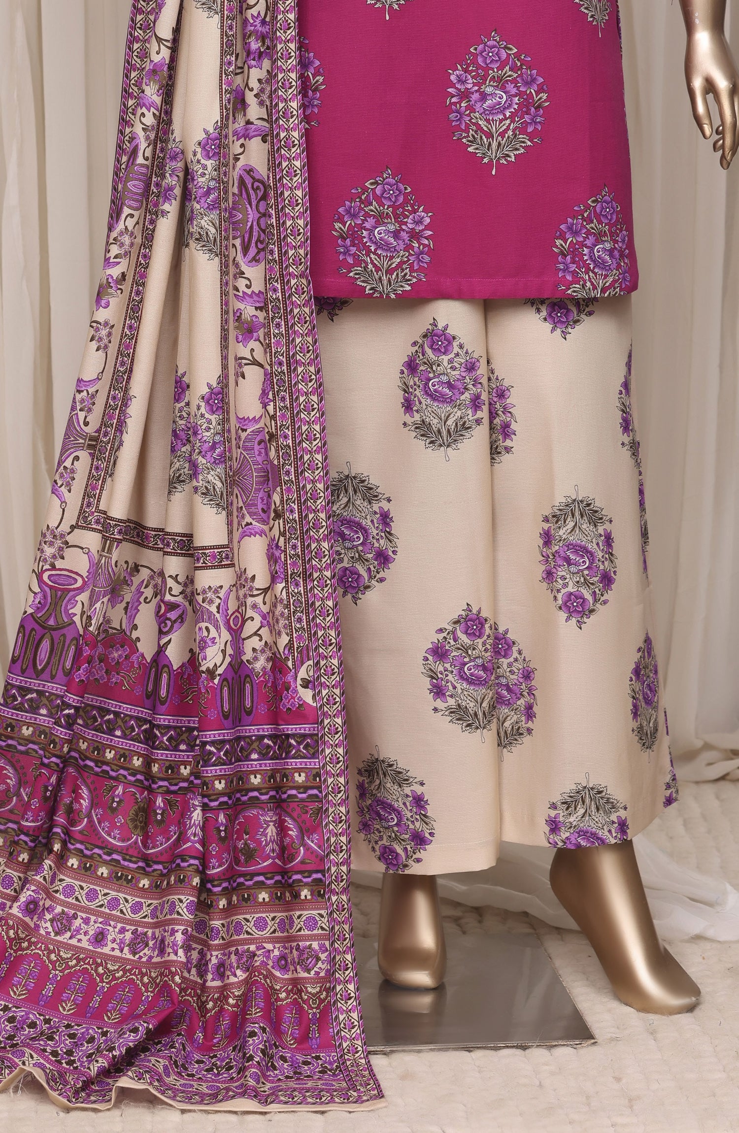 Sadabahar Printed Khaddar Stitched 3 Piece Suit - D-04 - SBD26NF - Pink - Winter Collection