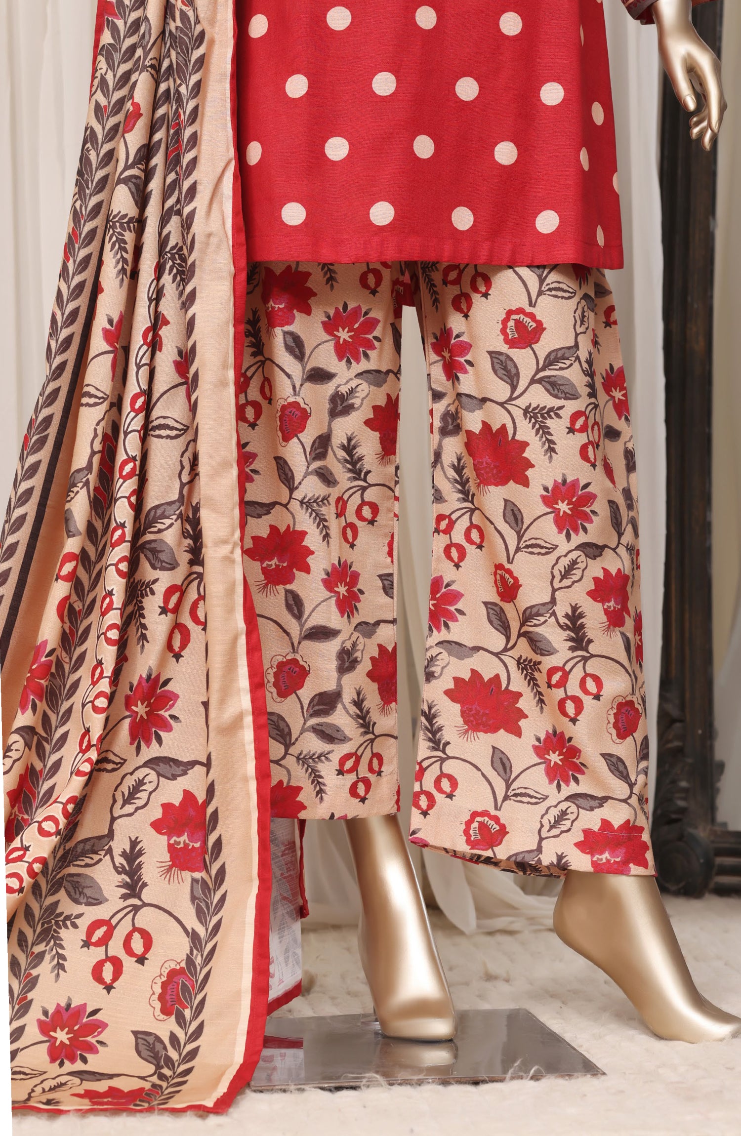 Sadabahar Printed Khaddar Stitched 3 Piece Suit - D-07 - SBD26RPN - Red - Winter Collection
