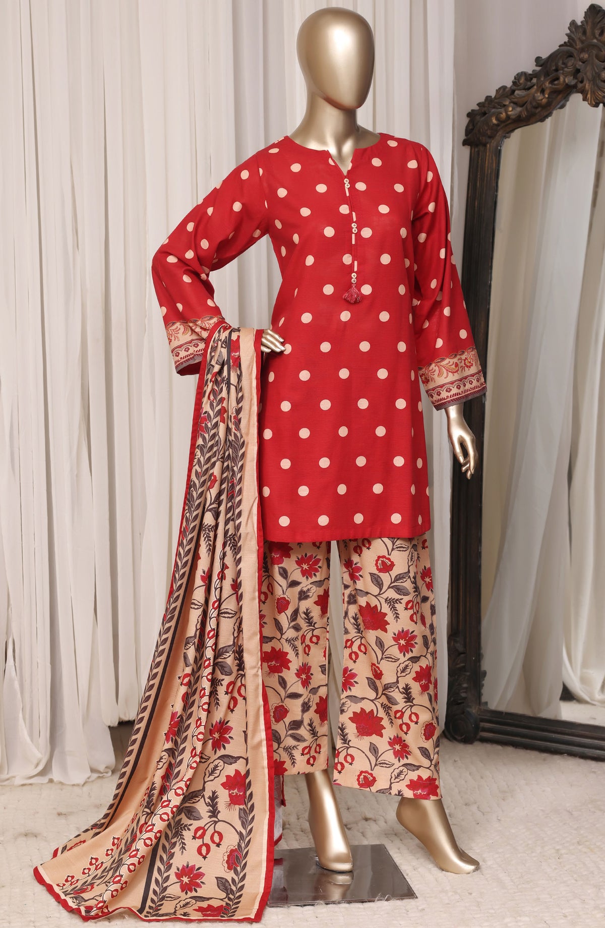 Sadabahar Printed Khaddar Stitched 3 Piece Suit - D-07 - SBD26RPN - Red - Winter Collection